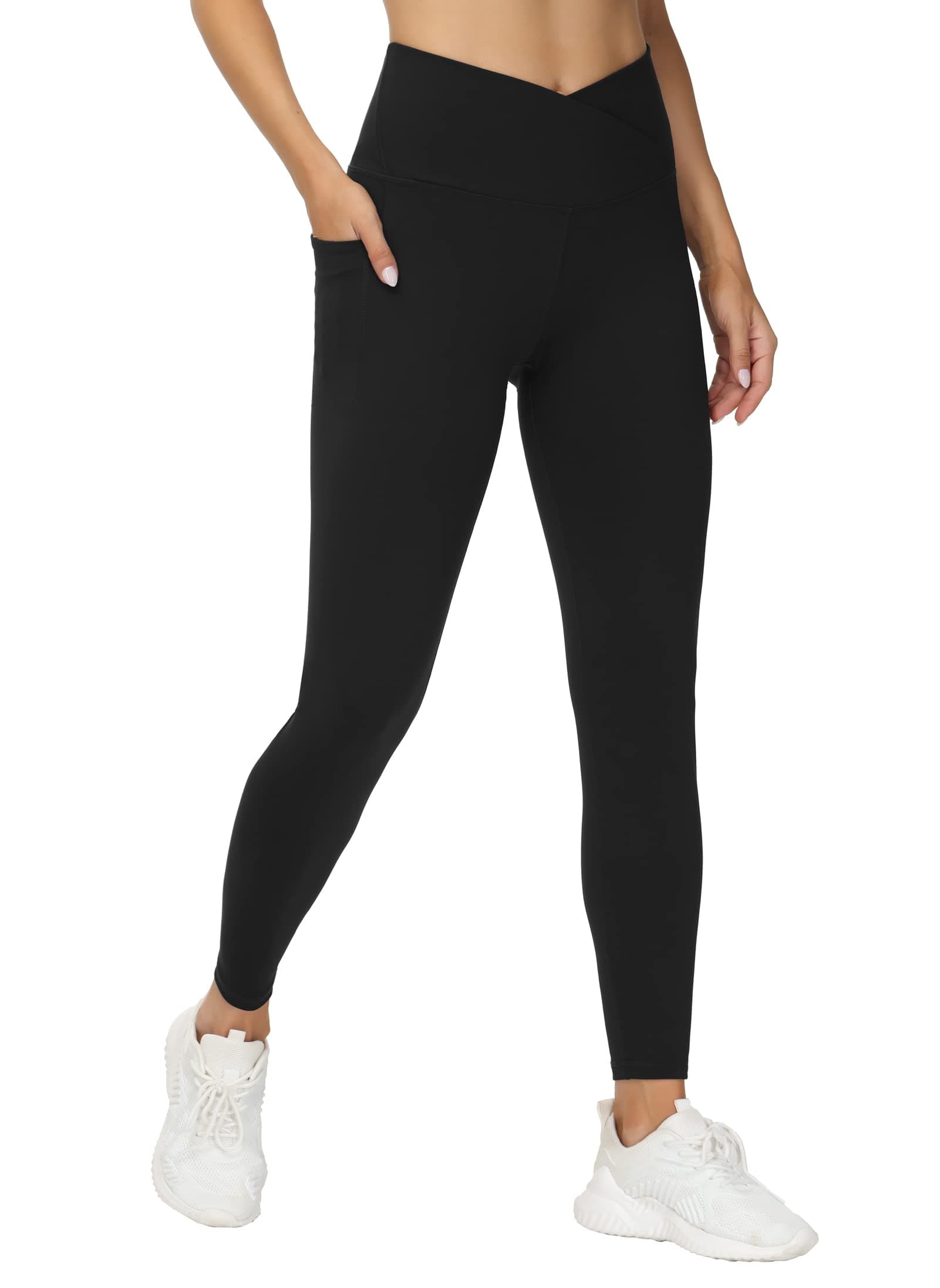 Womens' V Cross Waist Workout Leggings with Tummy Control and Pockets