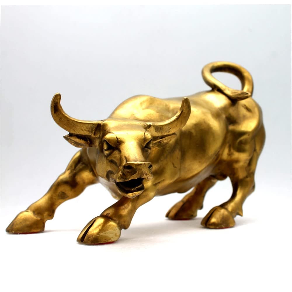 Feng Shui Fortune Brass W Street Bull Statue, Sculpture Home Decoration Golden Copper Bull Represents Good Luck of Career and Wealth