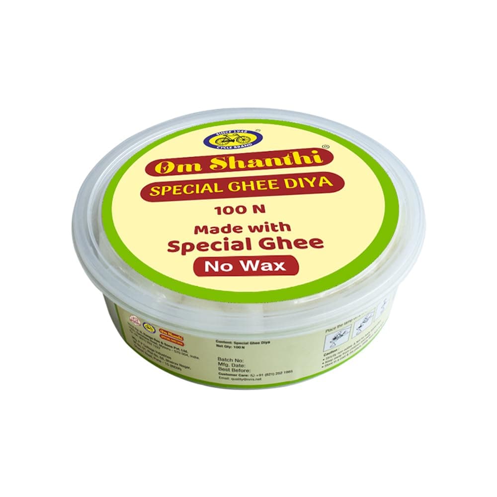 Om Shanthi Special Ghee Diya (100 Pieces) 20 min Burning Time | Wax Free Ghee Diya Batti/Wicks for Prayer, Aarti