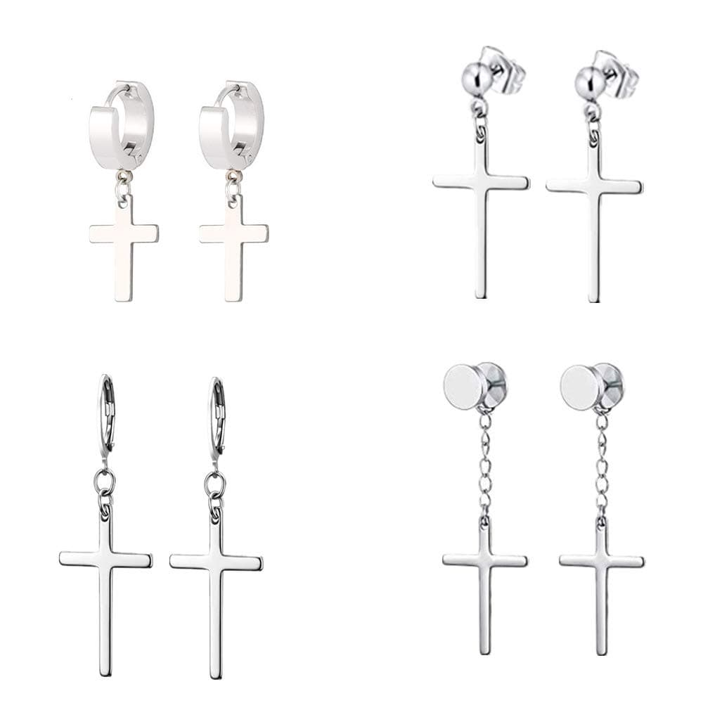 Elicola4 Pairs Stainless Steel Cross Dangle Hinged Hoop Earrings for Men Women Huggie Drop Earrings