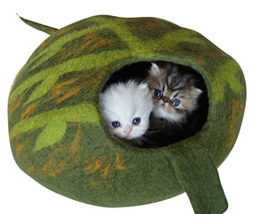 Cat Cave Bed - Unique Green Handmade Felted Merino Wool, Large Covered and Cozy Pod, Also Perfect for Kittens, Includes Bonus Catnip, Earthtone Solutions, (Green)