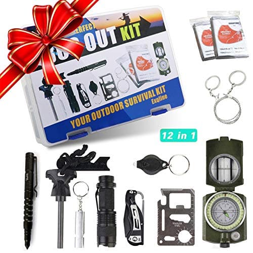 Exqline Survival Kit, Portable Emergency Survival Gear 12 in 1, Professional Survival Tactical Tools with Knife Compass Fire Starter for Cars Trip Hiking Camping Fishing Wilderness