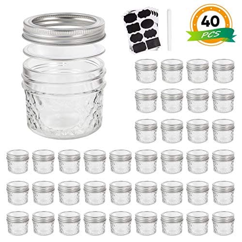 Mason Jars, Canning Jars,Glass jars,4 OZ Jelly Jars With Regular Lids and Bands(Silver),Ideal for Honey,Jam,spices,Wedding Favors,Shower Favors,Baby Foods,Pack of 40