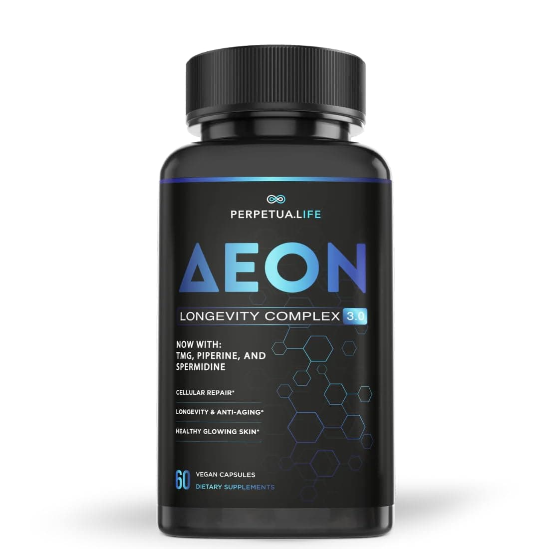 Anti-Aging Supplement NAD+ Complex AEON with Nicotinamide, Fisetin, Quercetin, Resveratrol, Astragalus, Collagen, CoQ10, L-Theanine, and More.