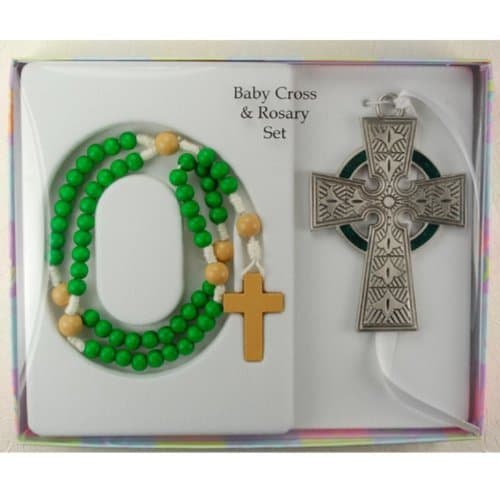 Baby Cross & Rosary Set - Celtic Cross with Green Wooden Rosary (McVan BS34) by KeegansCatholicTreasures