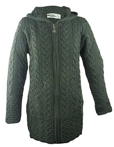 100% Irish Merino Wool Ladies Hooded Aran Zip Sweater Coat by West End Knitwear