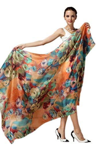 Women Fashion Silk Scarf Oblong Floral Oversize Soft Shawl Beach Wrap (Grey)