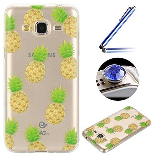 Galaxy J3 2016 Transparent Case,Samsung Galaxy J3 2016 Tpu Case,Etsue Cute Pineapple Slim Fit Soft Gel Thin Crystal Clear Tpu Rubber Case Cover for Samsung Galaxy J3 2016+Blue Stylus Pen+Bling Glitter Diamond Dust Plug(Colors Random)-Pineapple