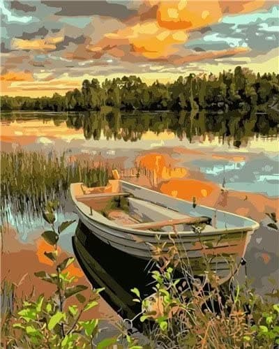 sukoly Paint by Numbers for Adults, DIY Sunset Boat Adult Paint by Numbers Kits on Canvas River Painting Kits for Kids Beginner 16x20 inch Flameless Oil Painting Kits Gift for Kids and Adults