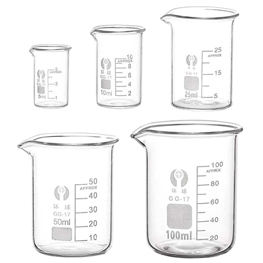 EsportsMJJ 5Pcs Graduated Borosilicate Glass Beaker 5ml 10ml 25ml 50ml 100ml Set Measuring Laboratory Glassware