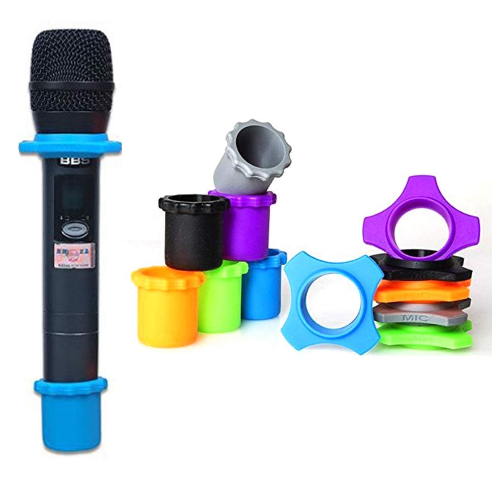 6 Sets Wireless Handheld Microphone Shakeproof Anti-Rolling Mic Protection Silicone Ring & Bottom Rod Sleeve Holder Stand for KTV Device (6 Colors)
