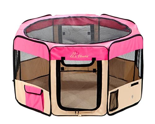 Pawer 45”×24” 8-Panel Foldable Pet Playpen, Hot Pink+Beige, Personalize Embroidery Extra Fabric Piece Available, for Cat/Dog/Puppy, 600D Oxford Cloth Portable Indoor & Outdoor Kennel with Carry Bag