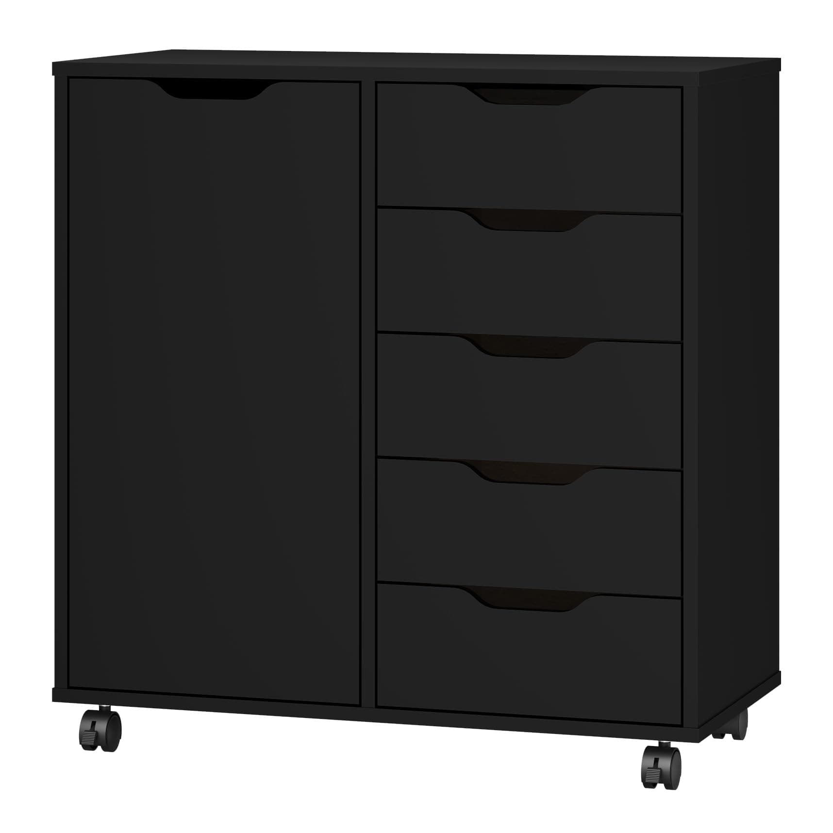 Panana 5-Drawer Chest with 1 Door, Wooden Chest of Drawers Storage Dresser Cabinet with Wheels, Office Organization and Storage, Bedroom Furniture (Black-S)