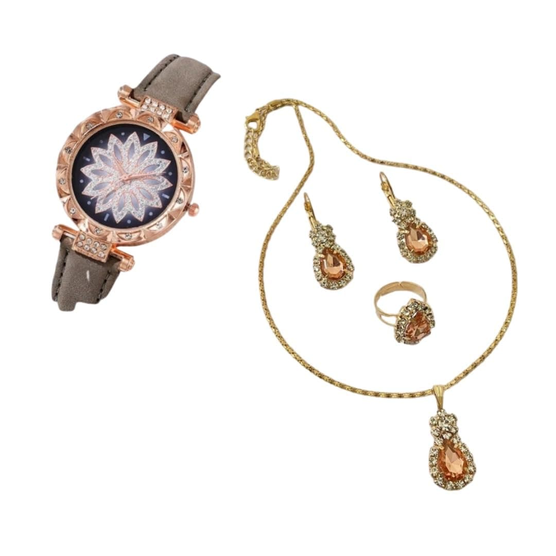 ZAVIFYWrist Watches for Women 5pcs Set Watches Leather Female Band Ladies Simple Watch Casual Female Analog Wrist Watch Bracelet Necklace Gift (GRAY)