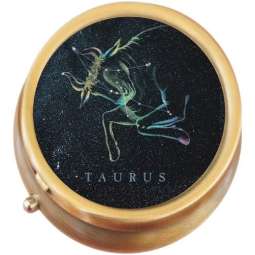 Taurus Bull Zodiac Stars Brass Round Pill Box