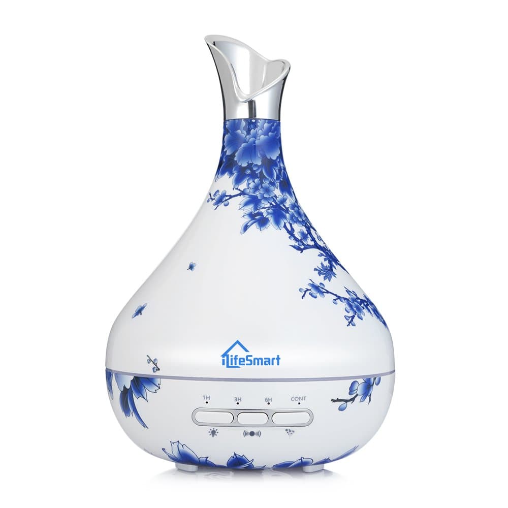 Smart Essential Oil Diffuser, 300ml Cool Mist Humidifier Smart Human Induction Ultrasonic Aroma Diffuser with 7 LED Light Colors for Office Home Gift (Blue-White)