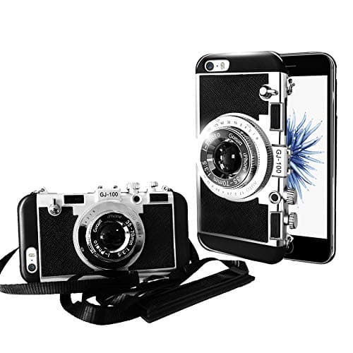 iPhone 7/8 Camera Case, Guojia 3D Cute Design Case, Cool Silicone Phone Protector, Cover with Long Strap Rope for Girls Women and Camera Enthusiast (Moderate Hardness) (Black)