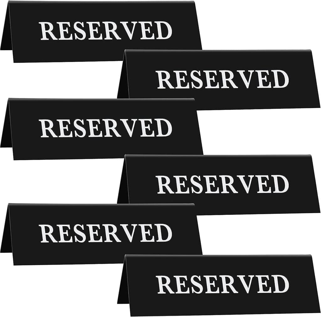 Plastic Reserved Table Sign, 12 Pack Table Tent Wedding Sign Guest Reservation Table Seat Sign for Restaurant Wedding Chairs, White Words Black Background, 5.9 x 2 Inches