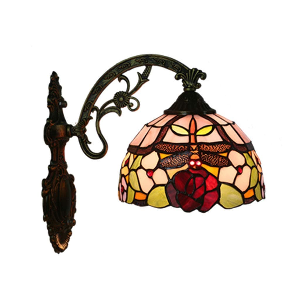Tiffany Style Wall Lamp Creative Dragonfly Wall Lamps Handmade Stained Glass Wall Light Retro Wrought Iron Light Minimalist Glass Lampshade Wall Lights Bedroom Living Room Cafe Sconce [Energy Class A]