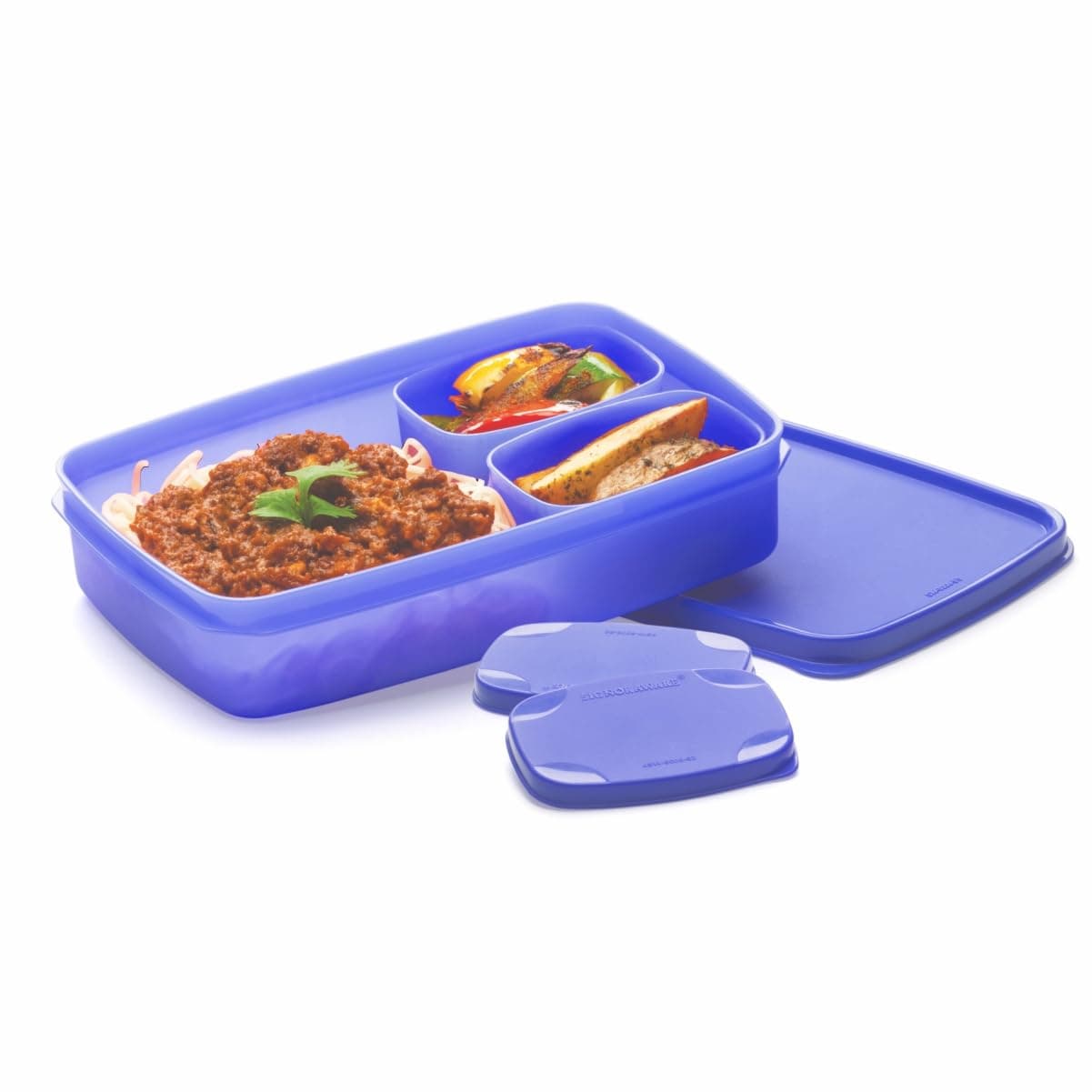 Signoraware Compact Bpa Free Plastic Microwave Safe Lunch Box, Food Grade Tiffin Boxes Set, Leak Proof Air Tight Dabba (Set of 3 – 1 x 850ml Container, 2 x 100ml Containers, Square, Violet)