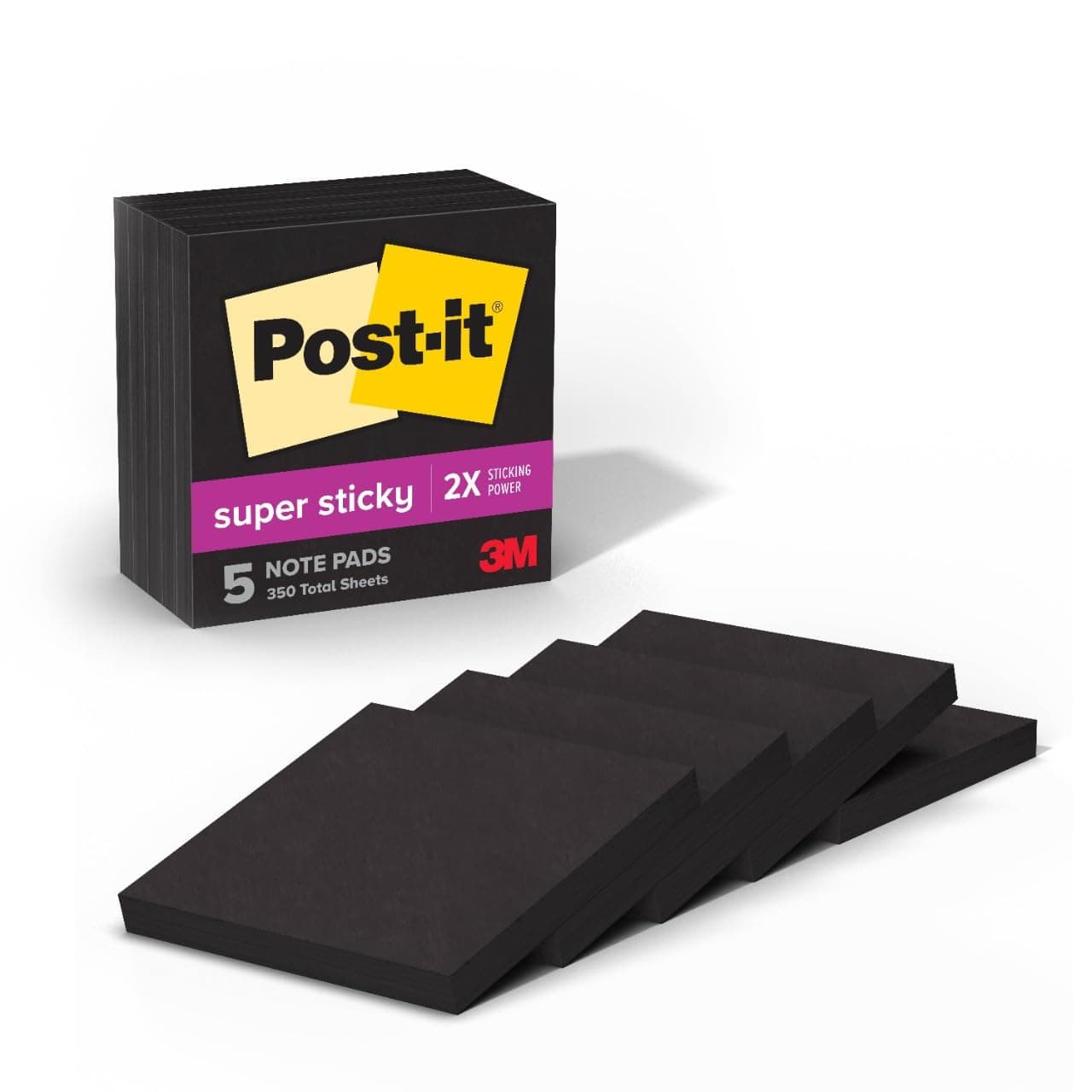 Super Sticky Notes, 5 Sticky Note Pads, 3 x 3 in., School Supplies, Office Products, Sticky Notes for Vertical Surfaces, Monitors, Walls and Windows, Black Onyx