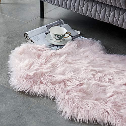 OJIA Shag Area Rug Faux Fur Sheepskin Area Rug, Super Soft Chair Cover Seat Cushion for Couch, Living Room Bedroom Floor - Dusty Pink, 2ft x 3ft