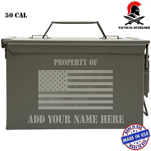Tactical Overlord Personalized American Made Military Ammo Can – Indoor Outdoor Military Army longterm Survival Box with Property - American Flag Grunge Laser Engraving …
