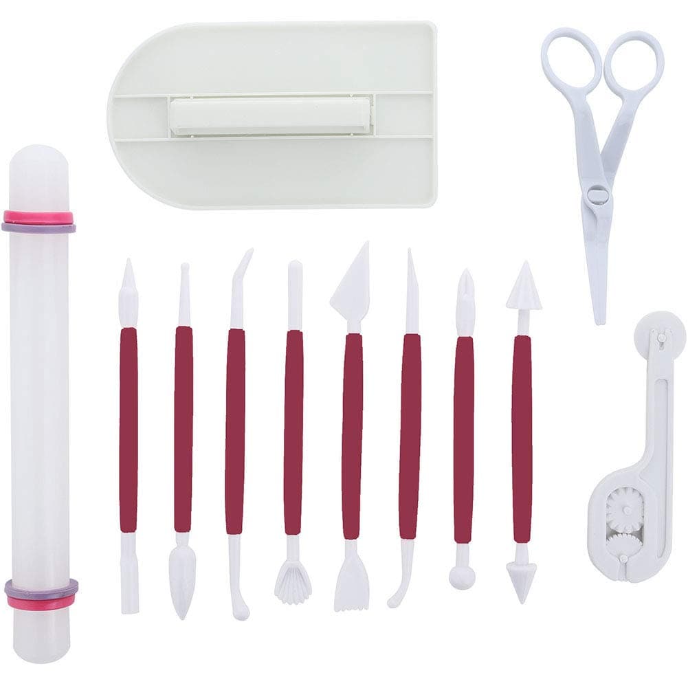 Marshmallow Fondant Cake Decorating Hand Tool 12 Pcs 5 Sets Sugarcraft Gumpaste Icing Smoother Rolling Pin Trimmer Cutter Embosser Flower Scissor Modelling Accessories Supplies Kit Red
