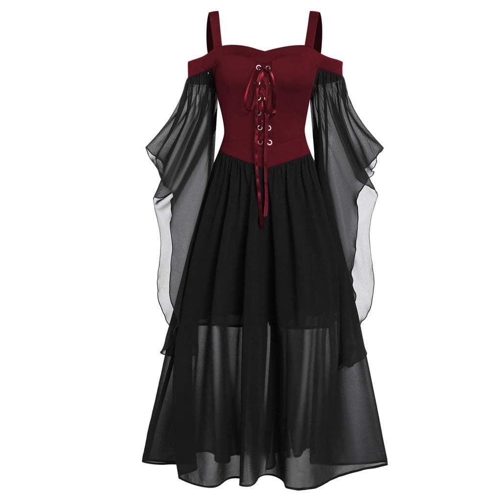Lookhy Womne Plus Size Cold Shoulder Butterfly Sleeve Lace Up Halloween Dress Medieval Costume Women Corset Vintage Dress Renaissance Club Clothes Red