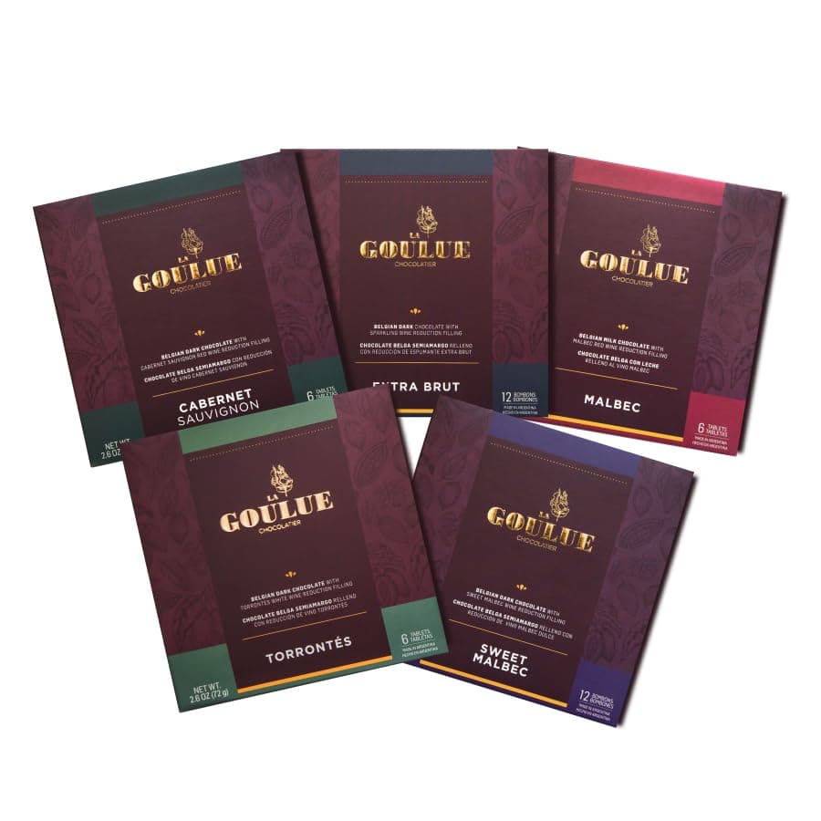 Milk Chocolate with Malbec | Dark with Torrontes | Dark with Champagne Extra Brut | Dark with Cabernet Sauvignon | Dark with Sweet Malbec | Filled | 5 Boxes (336g) | Gift | Pairing