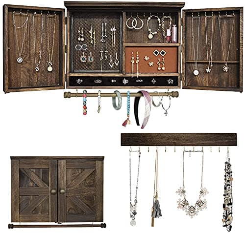 GLANT Wooden Barn Door Jewelry Organizer, Rustic Wall Mount Jewelry Storage for Necklaces, Earrings, Bracelets, Ring Holder