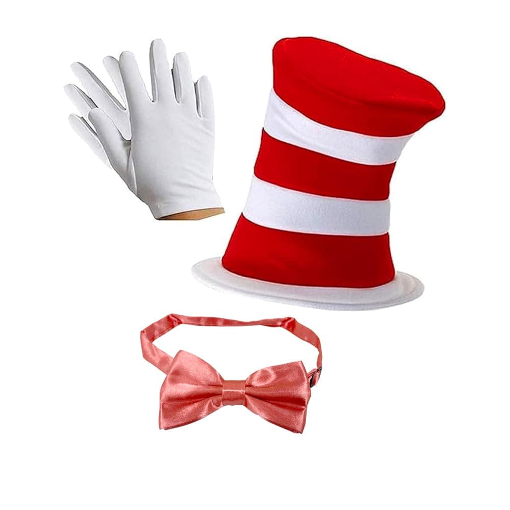 Cat In the Hat Costume Kids Accessories -Gloves Bow Tie and Hat | World Book Day Costume Fancy Dress Halloween Costume for Kids | Dr Seuss Costume for Book Week, One Size