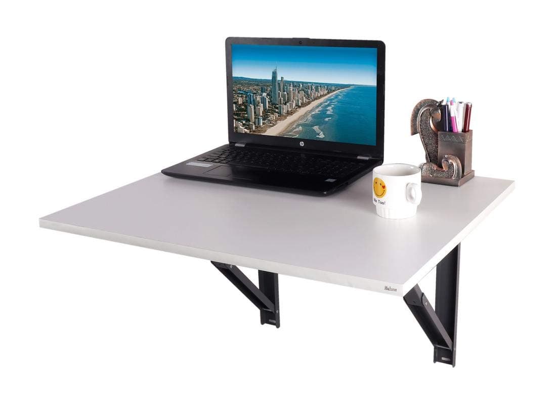 Madhuran Erraa Engineering Wood Folding Wall Mount Study Office Laptop Table Stand Lapdesk (68X56 CM Top, White) / Home Work Desk Multipurpose Reading Foldable Stylish Storage Wooden