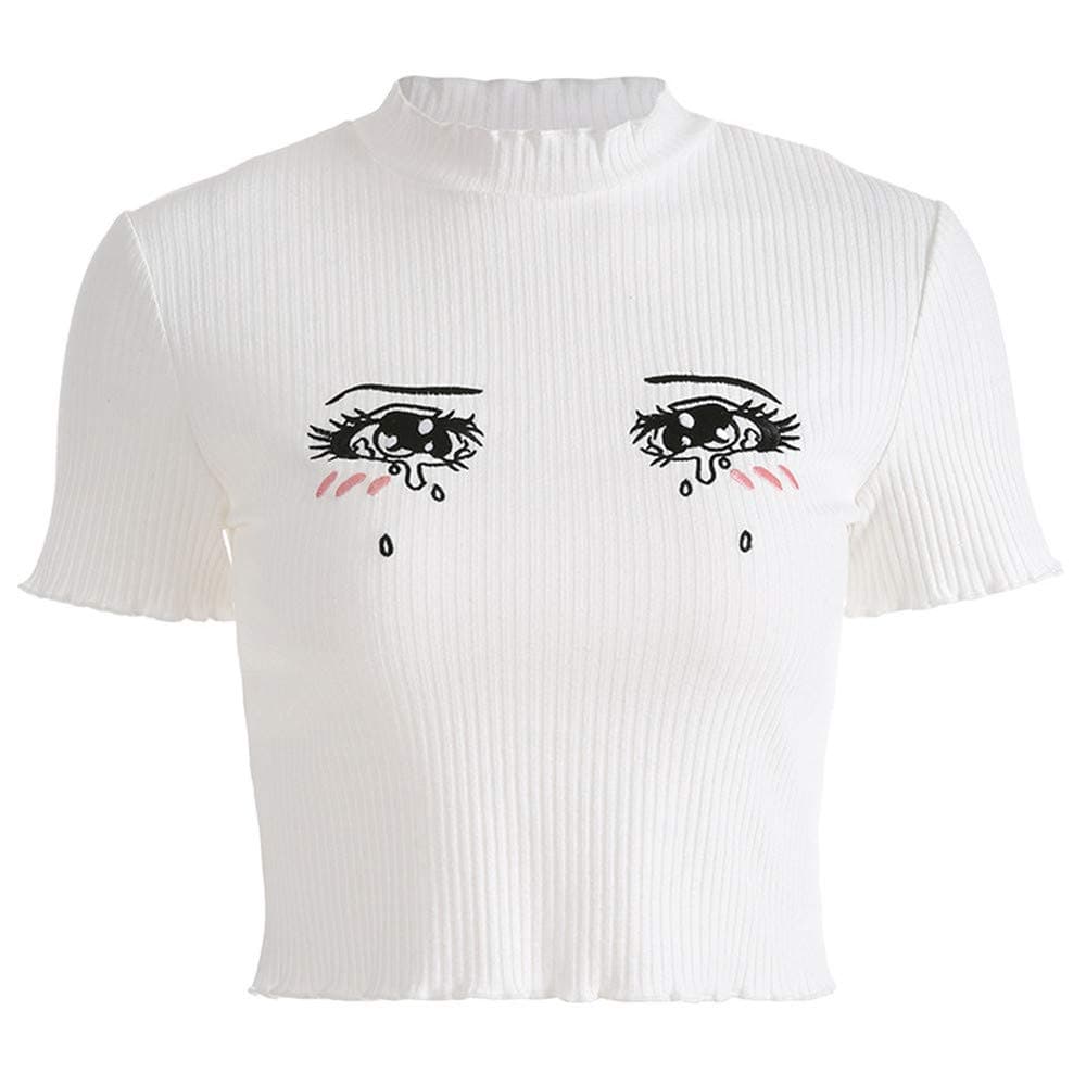 Women Eyes Embroidery T-Shirts Harajuku Kawaii Short Sleeve Crop Tees