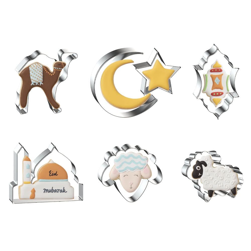 HilalFul Stainless Steel Cookie Cutter Set for Kids - 6 Pieces | Sheep, Crescent, Camel, Mosque, Lantern Shaped Cutter | Baking Tool | Non-Stick | Food-Safe | Kitchen Accessory | Fun Activity for Kids