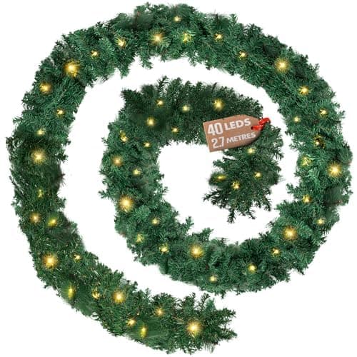 GloBrite 2.7M Christmas Garland with 40 Warm White LED Lights (280 Tips) - Pre-Lit Fireplace Garland Christmas Decoration, Battery-Powered Christmas Garlands for Home Decoration Christmas & More