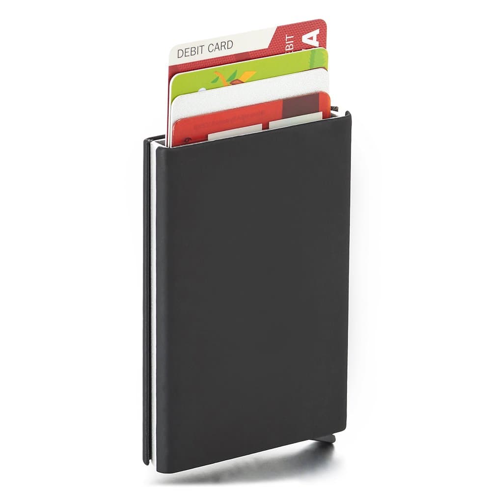 Black PU Leather Metal Spring Loaded Push Pop-up Card Holder Case, Portable