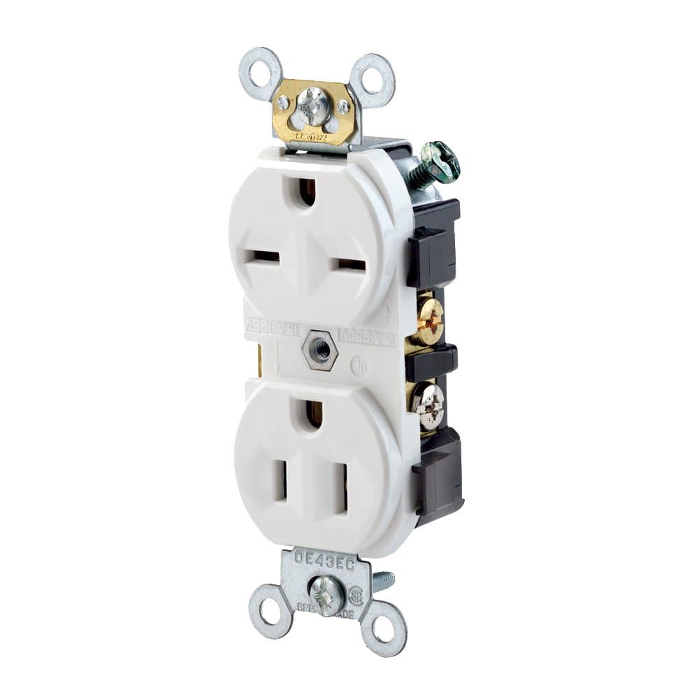 15 Amp, 125/250 Volt, Narrow Body Duplex Receptacle, Straight Blade, Commercial Grade, Self Grounding, Dual Voltage, 5031-W, White