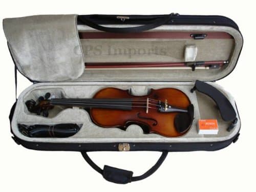 High Flamed German Style Violin Set in 4/4 Full Size- Free Brazilwood Bow, 2 Violin String Sets, Rosin, Professional Oblong Case, Adjustable Shoulder Rest & Folding Metal Music Stand