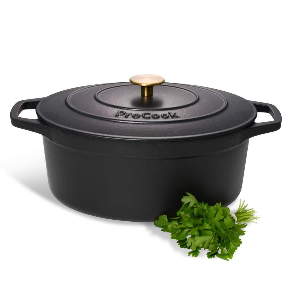 ProCook Oval Cast Iron Casserole Dish with Lid (Black, 30cm) Induction Compatible, 25 Year Guarantee