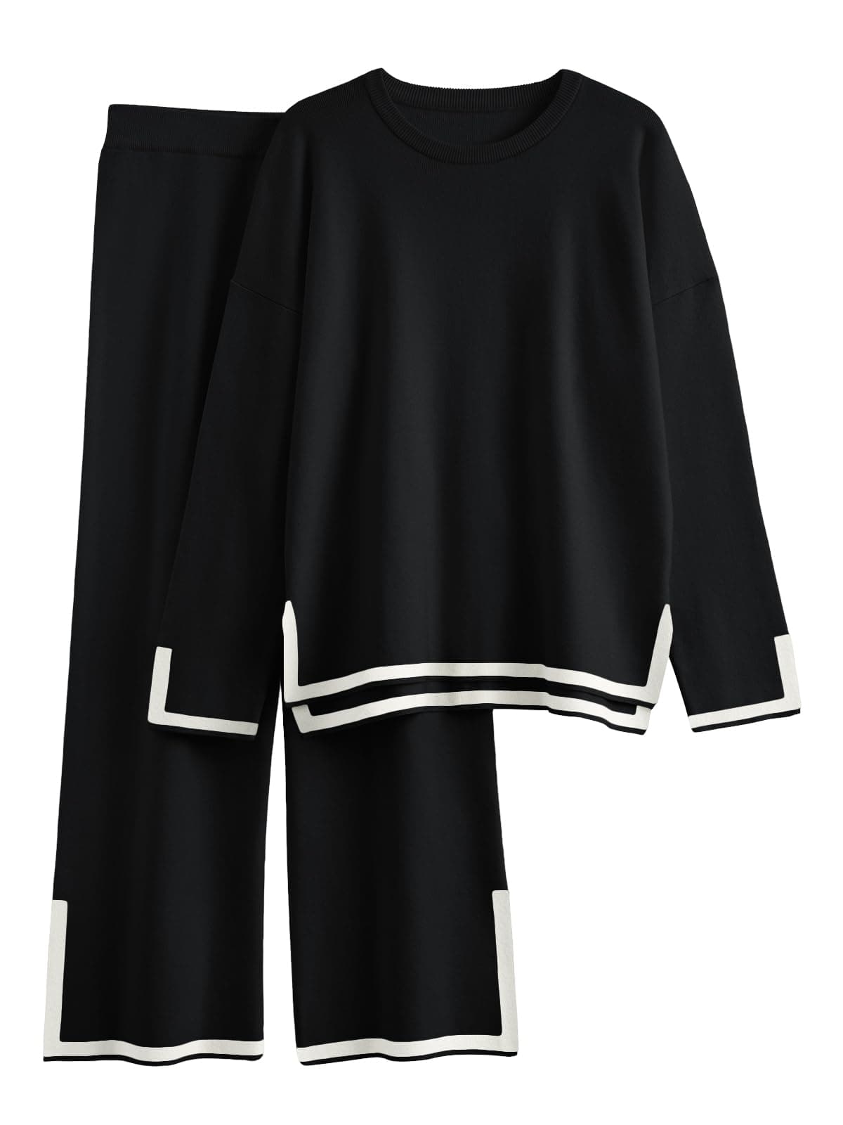 LILLUSORY 2 Piece Outfits for Women Tracksuits Matching Set Fall Sweater Pajamas Jogger Travel Top Wide Leg Pants Sweat Suits 2023 Loungewear Knit Pullover Lounge Sets, Black