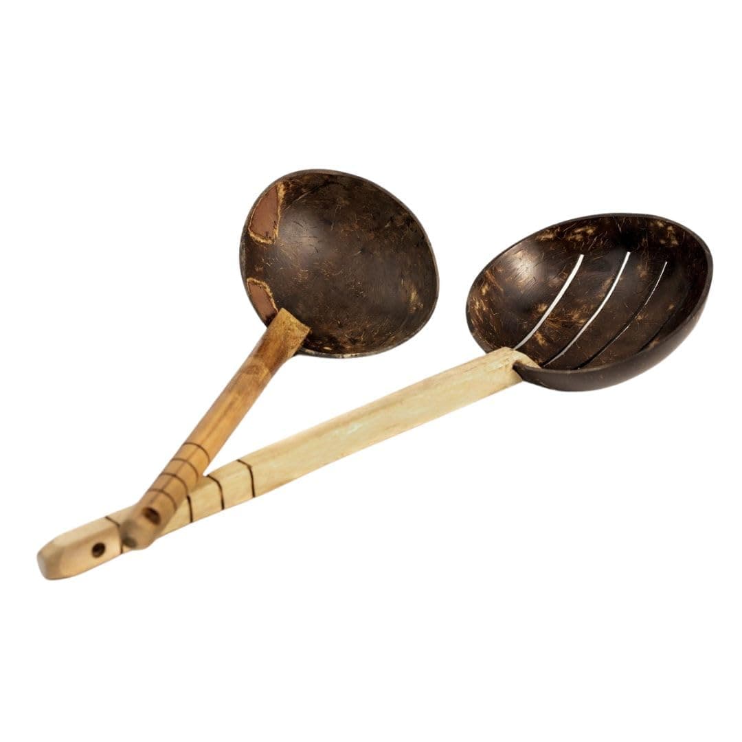 Thenga Coconut Shell Spoon Set & Wooden Cooking Utensils | 33 cm Frying Spoon & Non-Stick Wooden Ladle | Eco-Friendly Handmade Kitchen Tools for Non-Stick & Clay Pots – 2 Pieces from Kerala