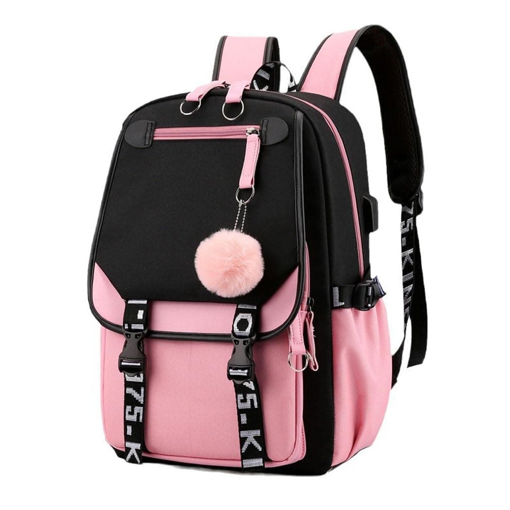 Backpack Laptop bag School Backpack for Girls Middle School Students Bookbag with USB Charging&Headphone Port (pink with black)