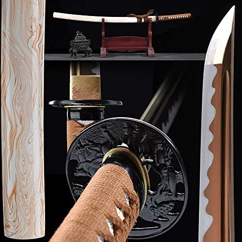 1060 Red/Golden/Blue High Carbon Steel,Handmade Sword Japanese Samurai Katana, Functional, Hand Forged, Heat Tempered, Full Tang, Sharp,Battle Ready,Wooden Scabbard,Sharp Knife