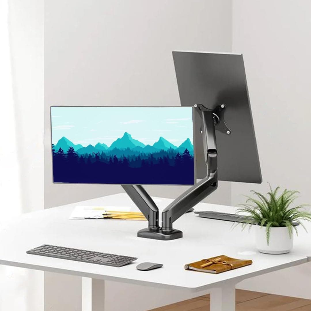 Tony Stark Dual Monitor Stand with Gas Spring Arms – Height Adjustable Desk Mount for 13”-32” LED/LCD Screens | Full Motion Vertical & Horizontal Mounting | Heavy Duty Dual Monitor Gas Spring Stand