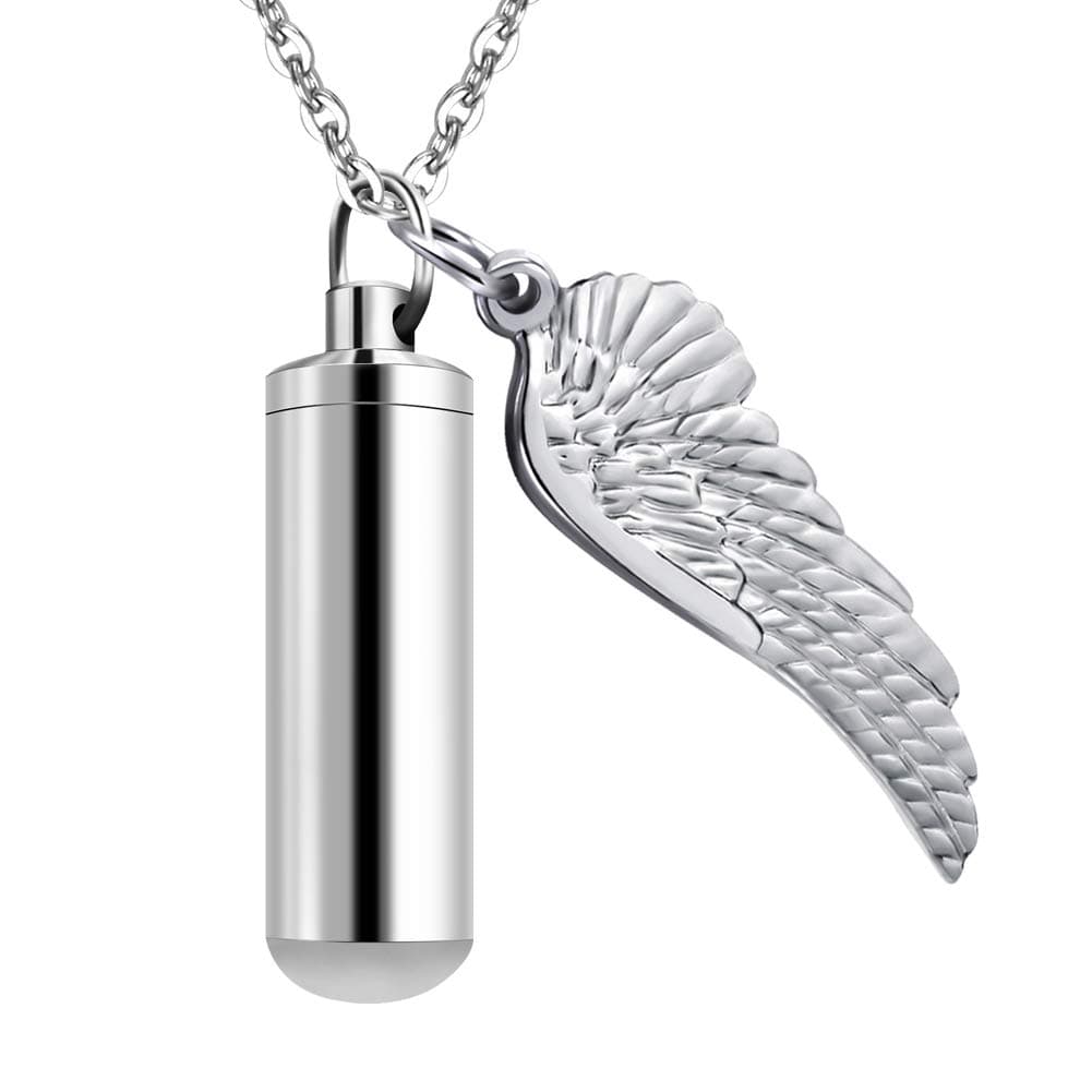 Cylinder Cremation Urn Necklace for Ashes Memorial Keepsake Pendant with Angel Wing Stainless Steel Remembrance Jewelry