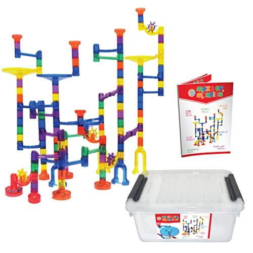 Maze of Marbles 125-Piece Marble Run Toy Set - Educational Building Block Play Track Game – STEM Construction Learning Toys for Kids 4 5 6 Years Old + 25 Glass Marble Balls with Storage Box Container