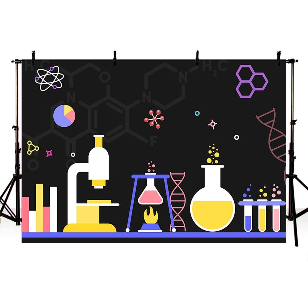 MEHOFOND 8x6ft Science Party Decorations Photo Studio Background Birthday Party Decor Banner Supplies Mad Science Fun Scientist Subject Black Backdrop School Poster for Photography