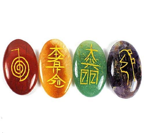 Reiki Healing Crystal Kit, 4 Usui Reiki Symbols Etched on Gemstones w/ Black Velvet Chakra Case, Set Includes Red Jasper, Golden Quartz, Green Aventurine, & Amethyst