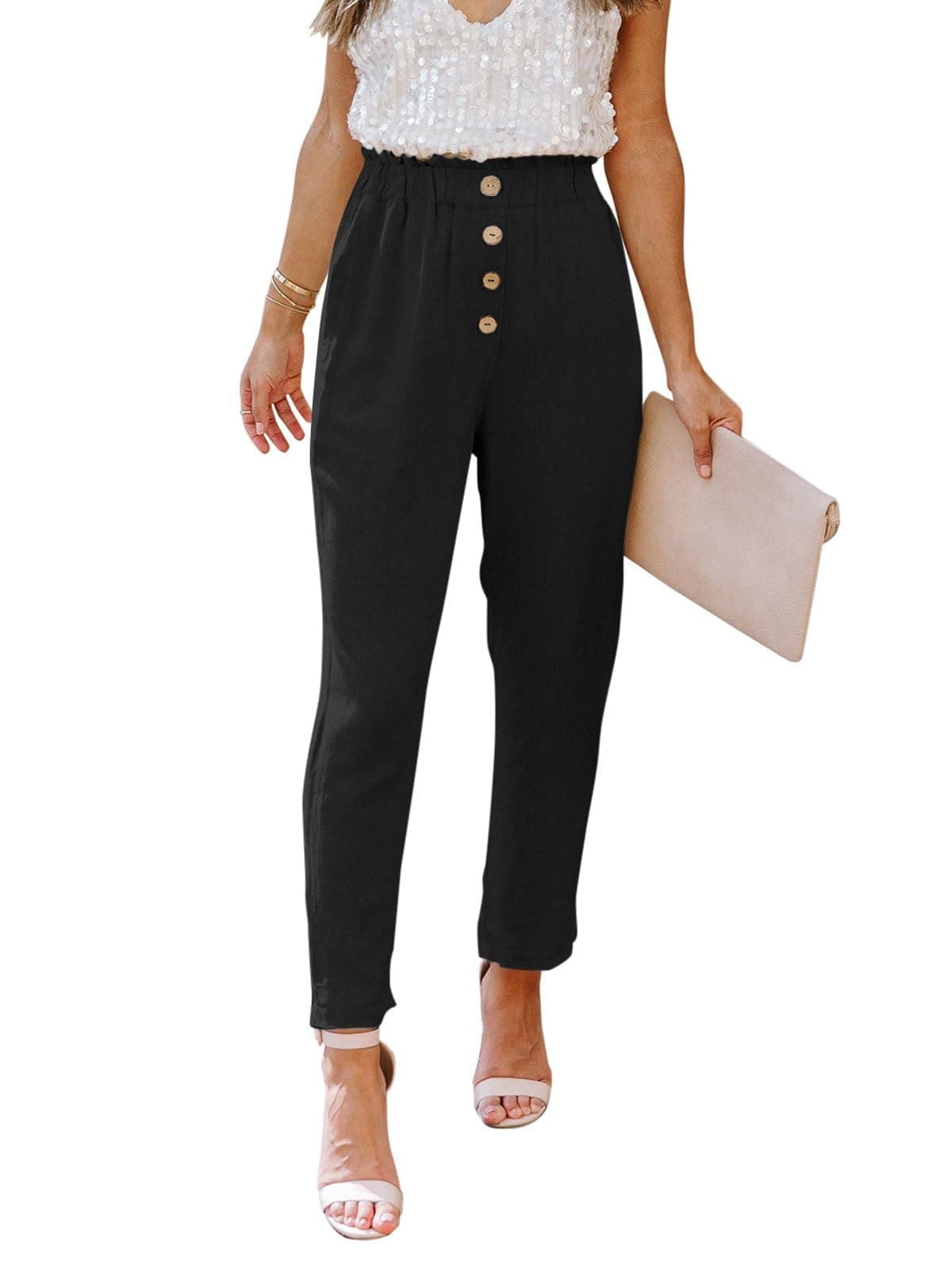 NIMINWomens Casual Pants High Waisted Work Pants Elastic Cropped Dress Paper Bag Pants with Pockets